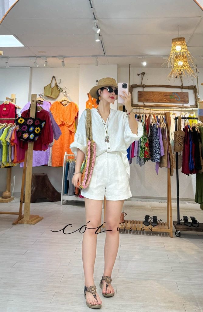 Áo cổ trụ tay nhún form oversize linen tưng premium Cói Design