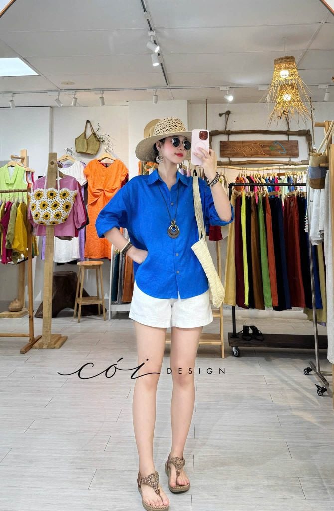Áo sơ mi form suông phối nút lưng linen tưng premium Cói Design