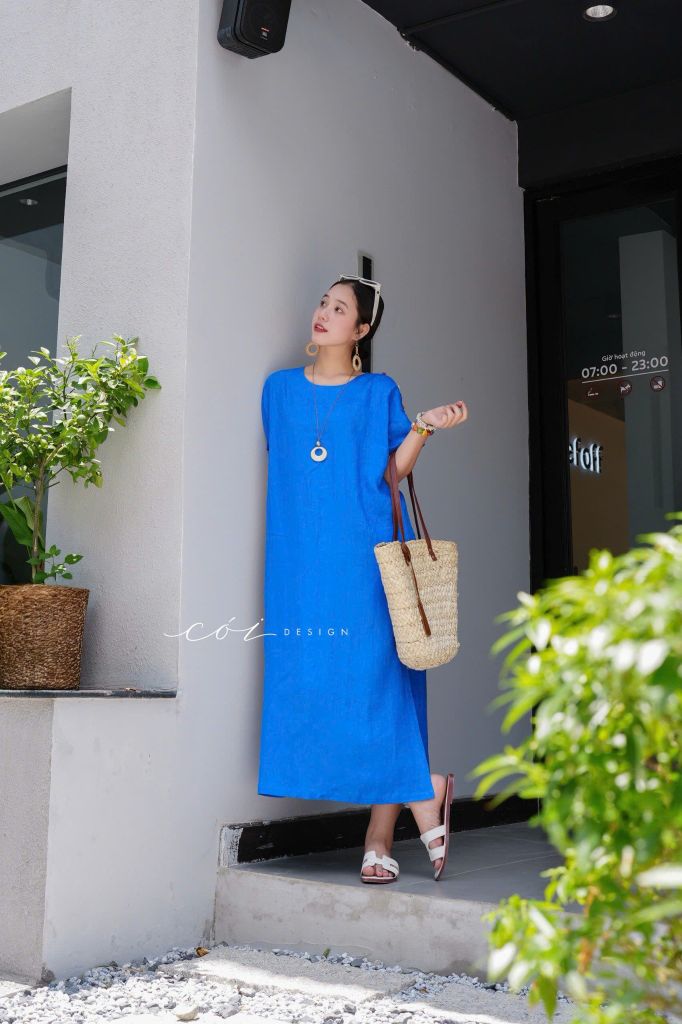 Đầm suông nút bọc màu kèm belt linen tưng premium Cói Design