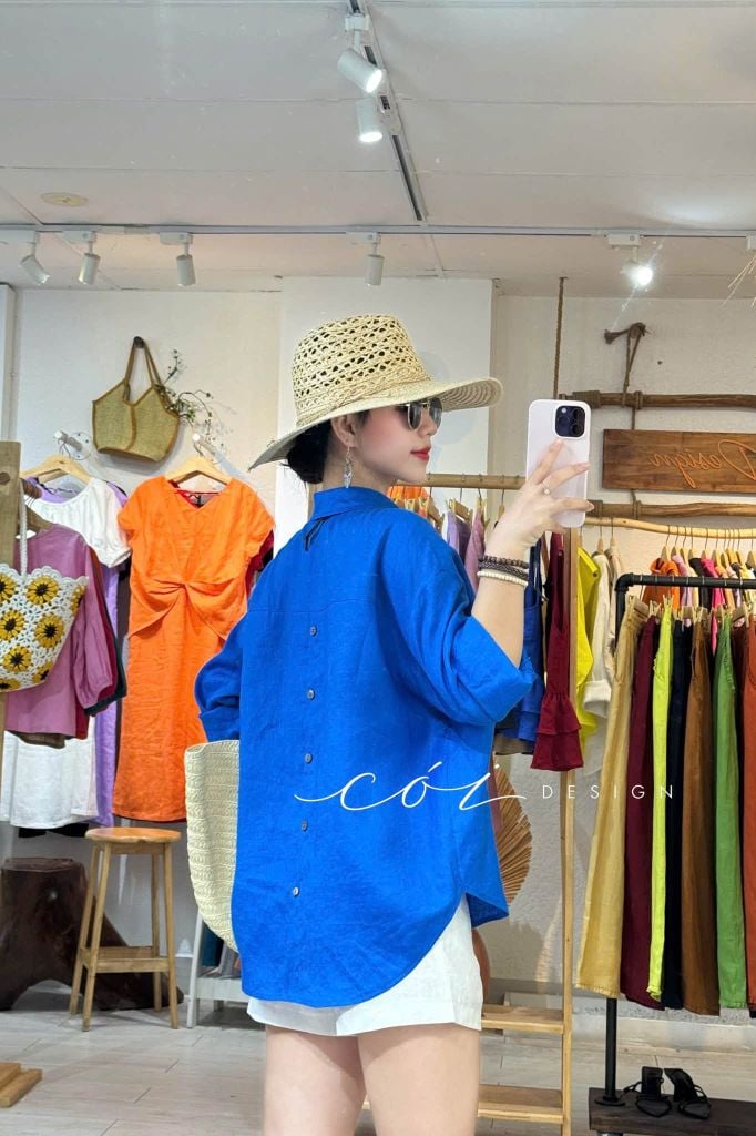 Áo sơ mi form suông phối nút lưng linen tưng premium Cói Design