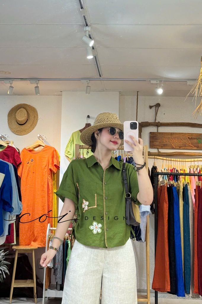 Áo sơ mi rút dây sườn phối hoa handmade linen tưng Cói Design