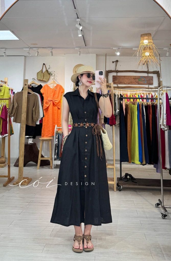 Đầm sơ mi xếp ly eo linen tưng premium Cói Design
