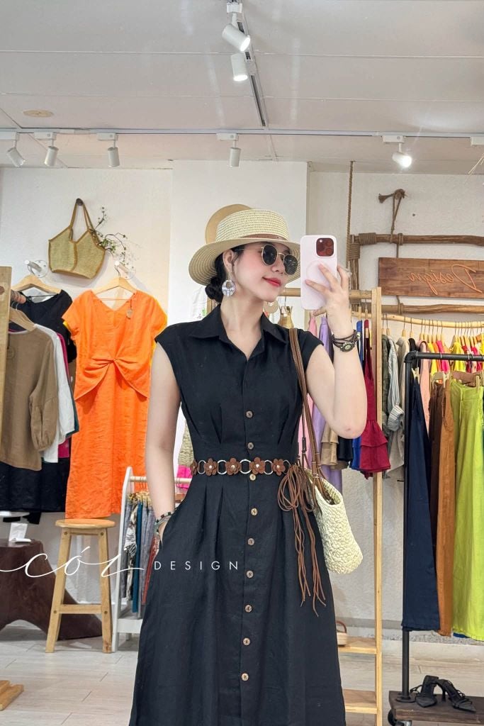Đầm sơ mi xếp ly eo linen tưng premium Cói Design