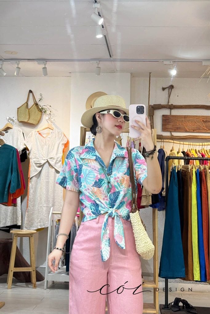 Áo tay ngắn thắt nơ linen Cói Design