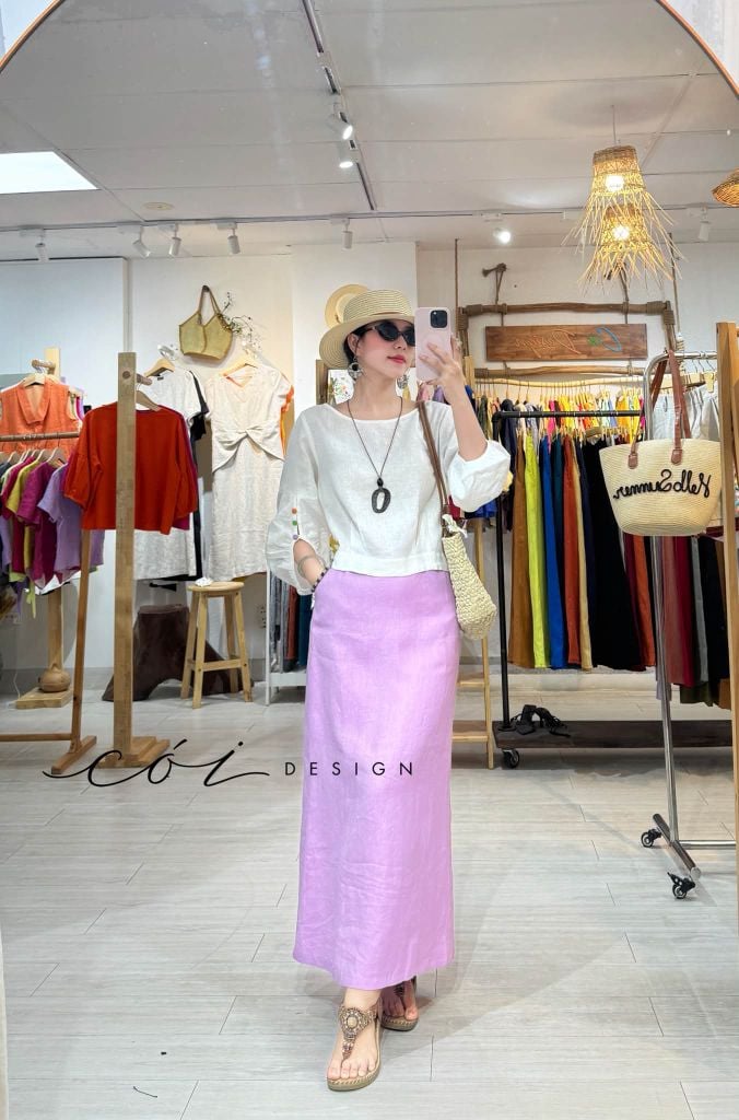 Chân váy suông xẻ tà linen tưng premium Cói Design