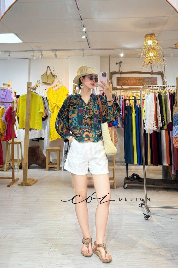 Áo cổ trụ 19 nút bọc màu Linen tưng premium Cói Design