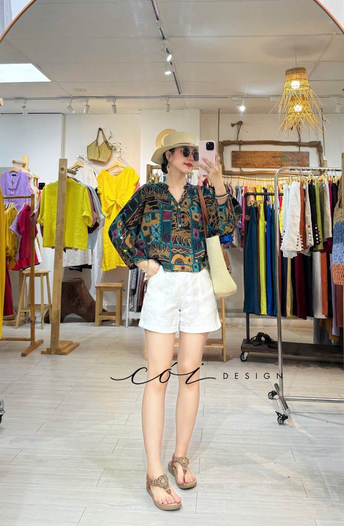 Áo cổ trụ 19 nút bọc màu Linen tưng premium Cói Design