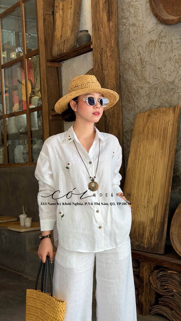 Áo sơ mi nút lưng thêu An Nhiên linen tưng Cói Design
