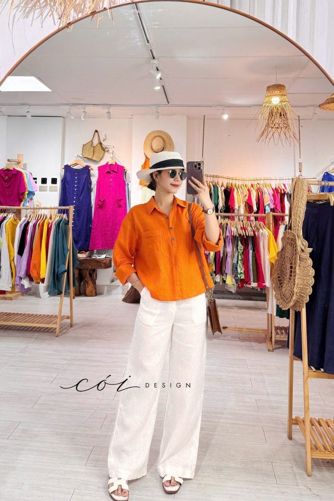 Áo cổ sơ mi 3 nút tay dài linen tưng premium Cói Design