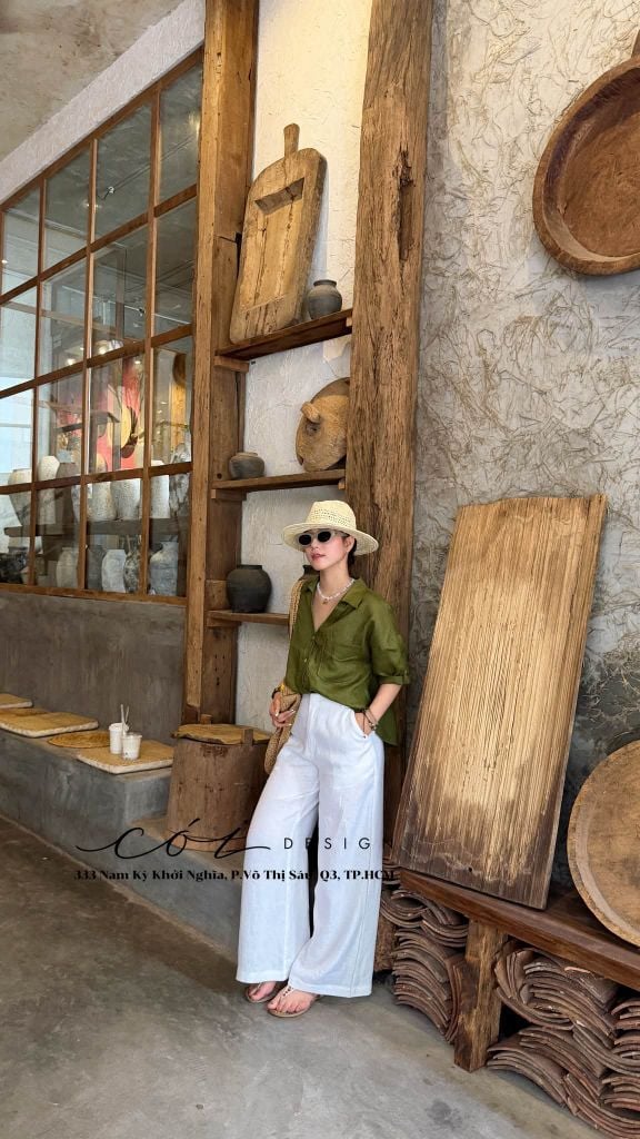 Áo sơ mi nút lưng phối túi linen tưng premium Cói Design