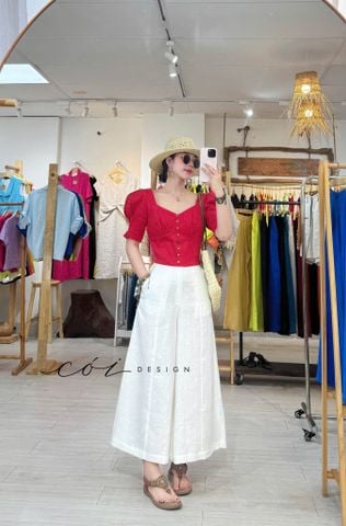 Áo cổ tim vuông tay phồng linen Cói Design