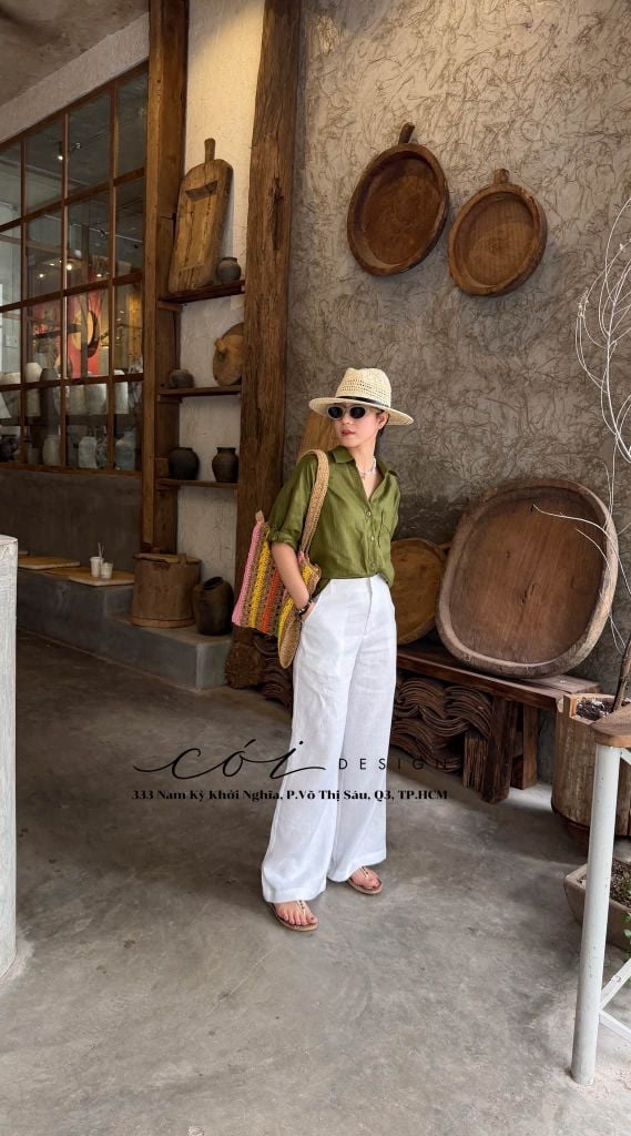 Áo sơ mi nút lưng phối túi linen tưng premium Cói Design