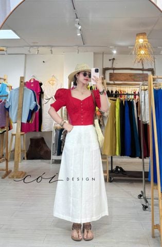Áo cổ tim vuông tay phồng linen Cói Design