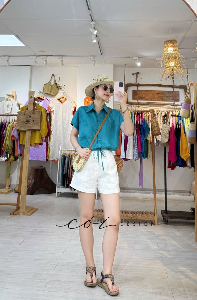 Áo sơ mi croptop 1 túi linen tưng premium Cói Design