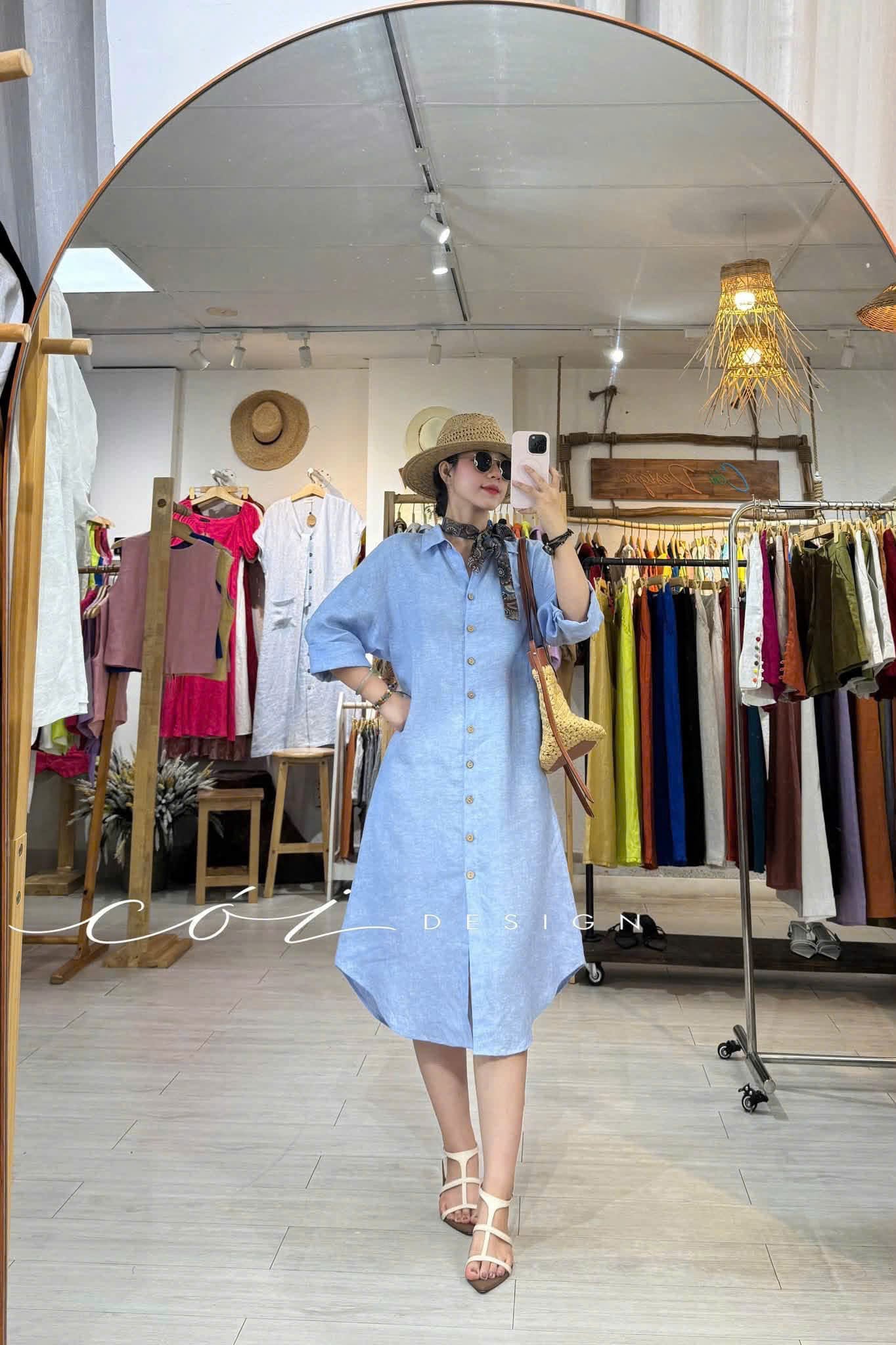 Đầm sơ mi tay dài vạt bầu linen tưng premium Cói Design