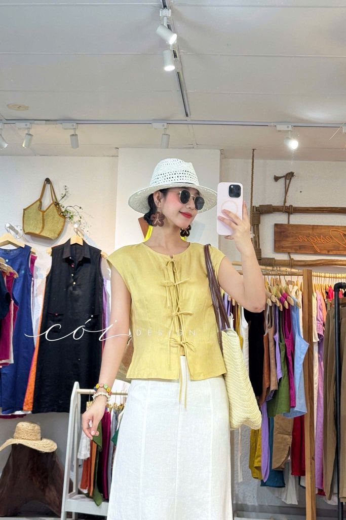 Áo cổ tròn phối nơ linen tưng premium Cói Design