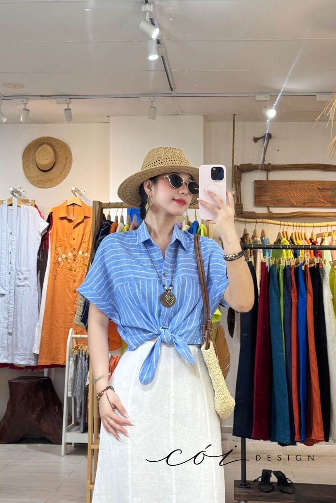 Áo sơ mi cột vạt tay liền linen tưng premium Cói Design