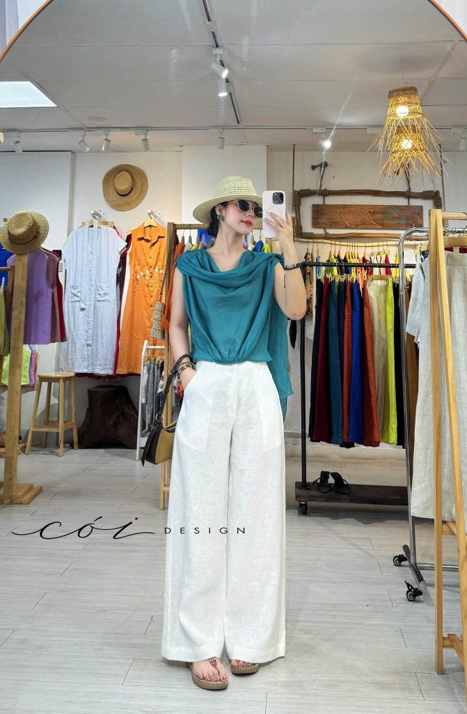Áo cổ đổ vạt rơi linen tơ premium Cói Design