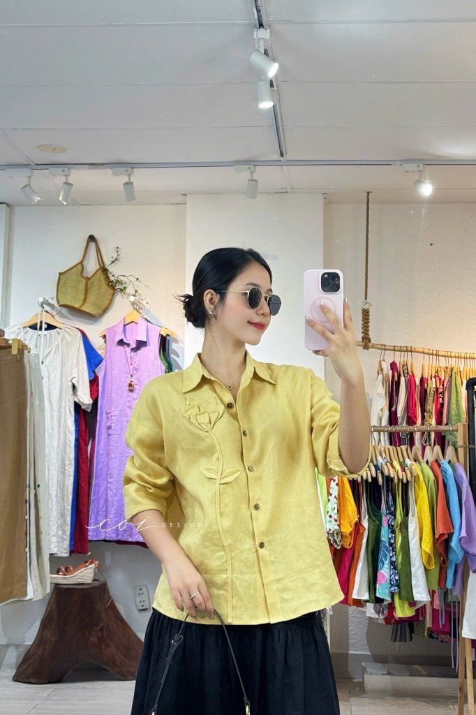 Áo sơ mi phối hoa Handmade linen tưng premium Cói Design