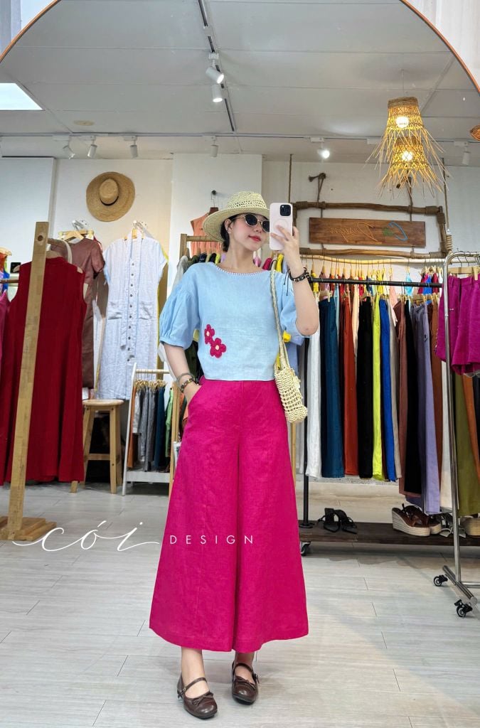 Áo thêu viền cổ phối hoa tua rua handmade linen tưng premium Cói Design