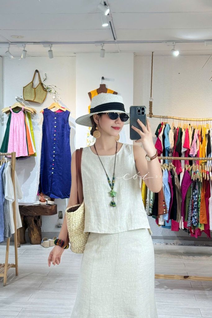 Áo sát nách nút bọc lưng một màu linen tưng premium Cói Design