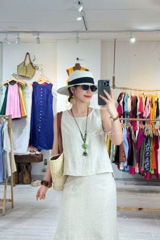 Áo sát nách nút bọc lưng một màu linen tưng premium Cói Design