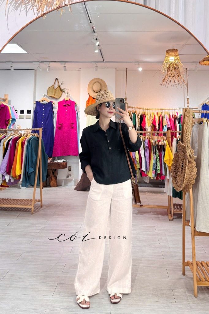 Áo cổ sơ mi 3 nút tay dài linen tưng premium Cói Design