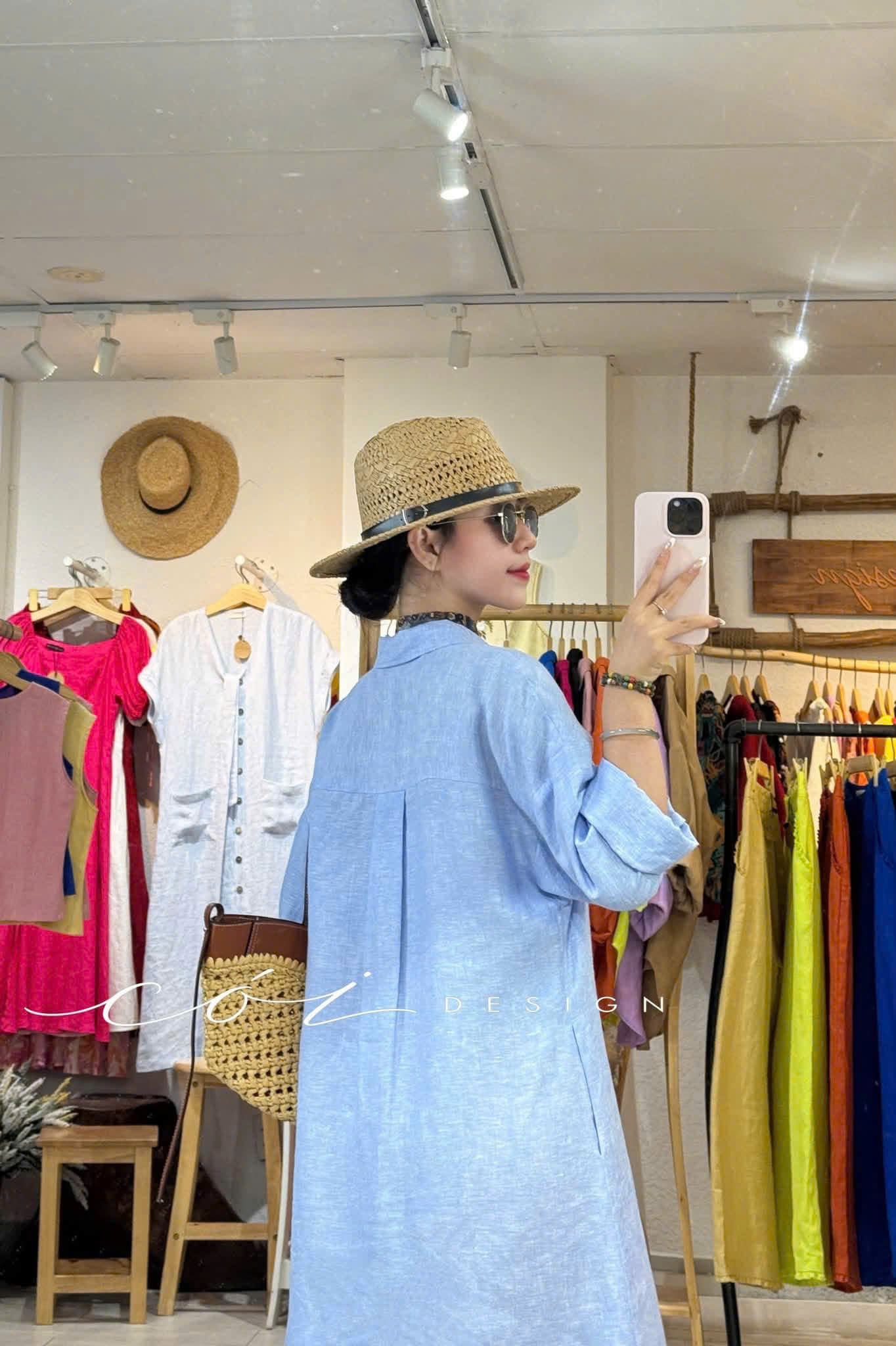 Đầm sơ mi tay dài vạt bầu linen tưng premium Cói Design