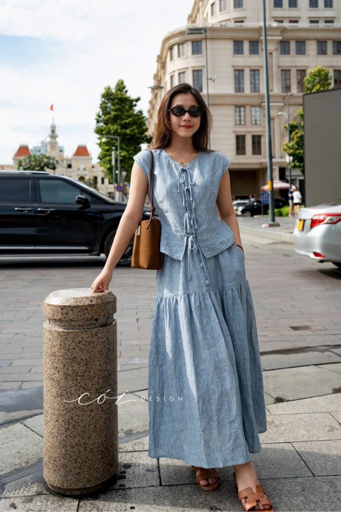 Áo cổ tròn phối nơ linen tưng premium Cói Design