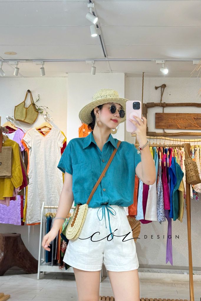 Áo sơ mi croptop 1 túi linen tưng premium Cói Design