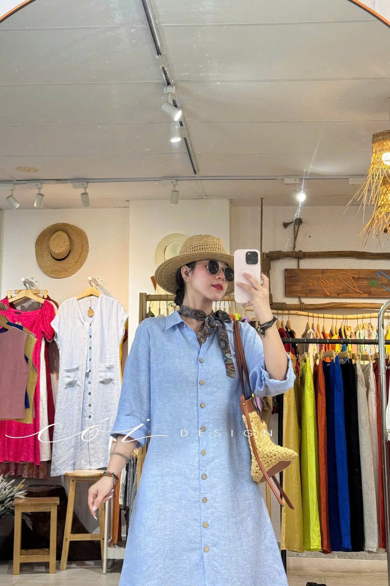 Đầm sơ mi tay dài vạt bầu linen tưng premium Cói Design