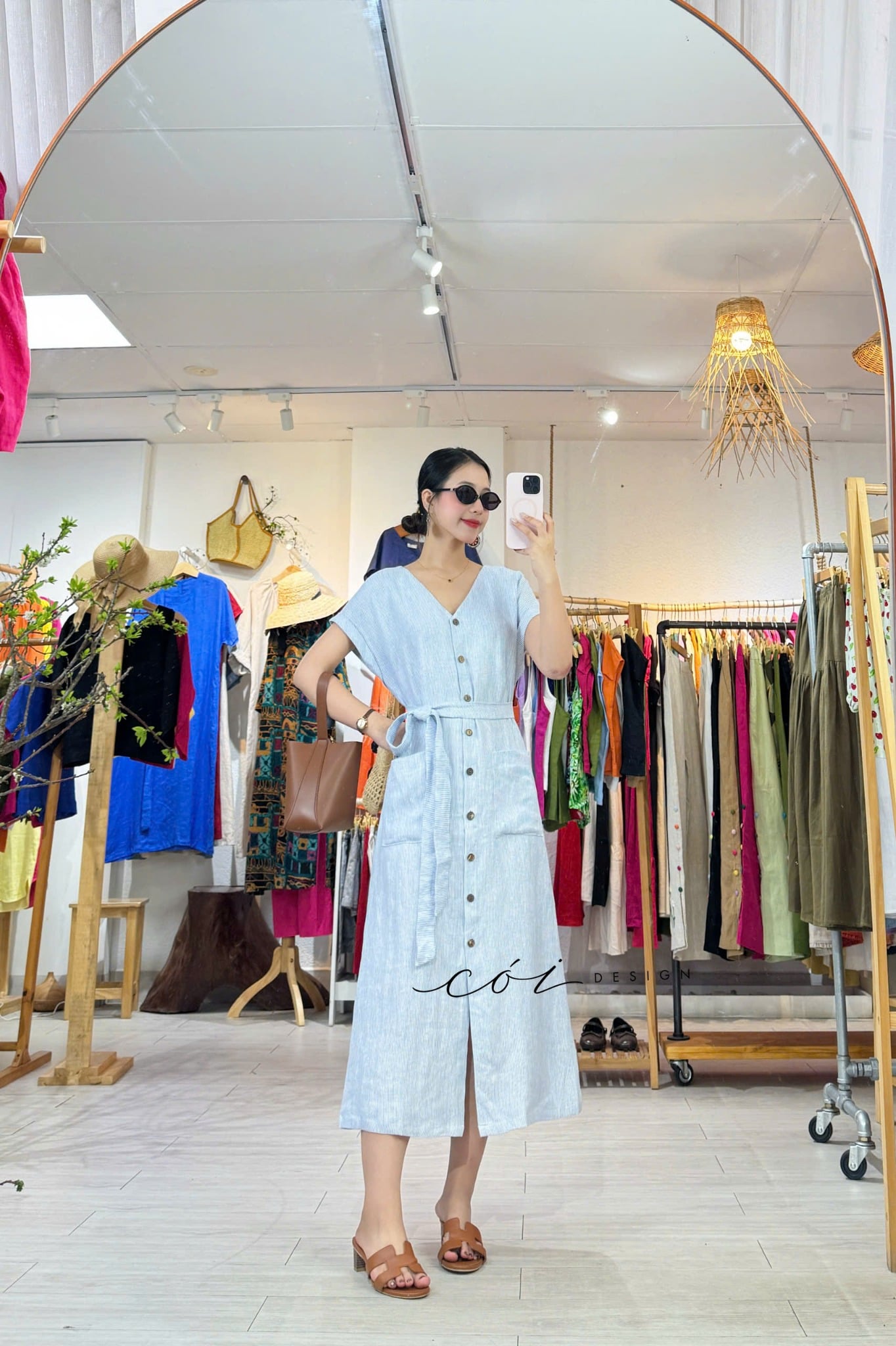 Đầm suông sọc kèm belt linen tưng Cói Design