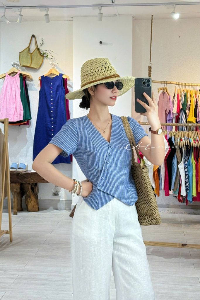 Áo gile xéo nút tay ngắn linen tưng premium Cói Design