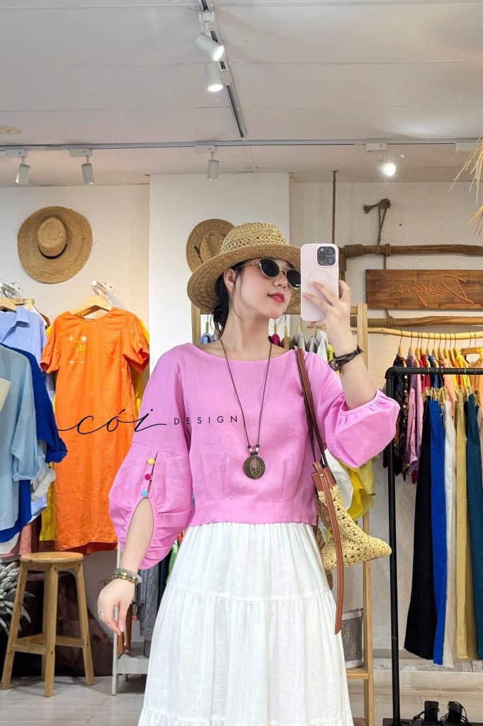 Áo tay phồng phối nơ lưng linen tưng premium Cói Design