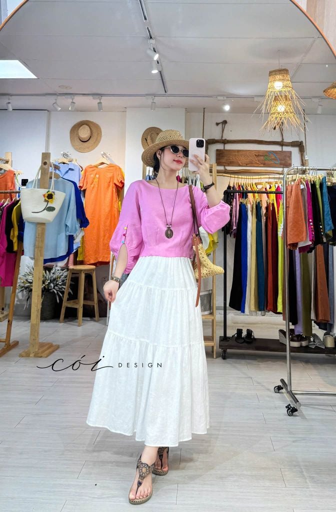 Áo tay phồng phối nơ lưng linen tưng premium Cói Design