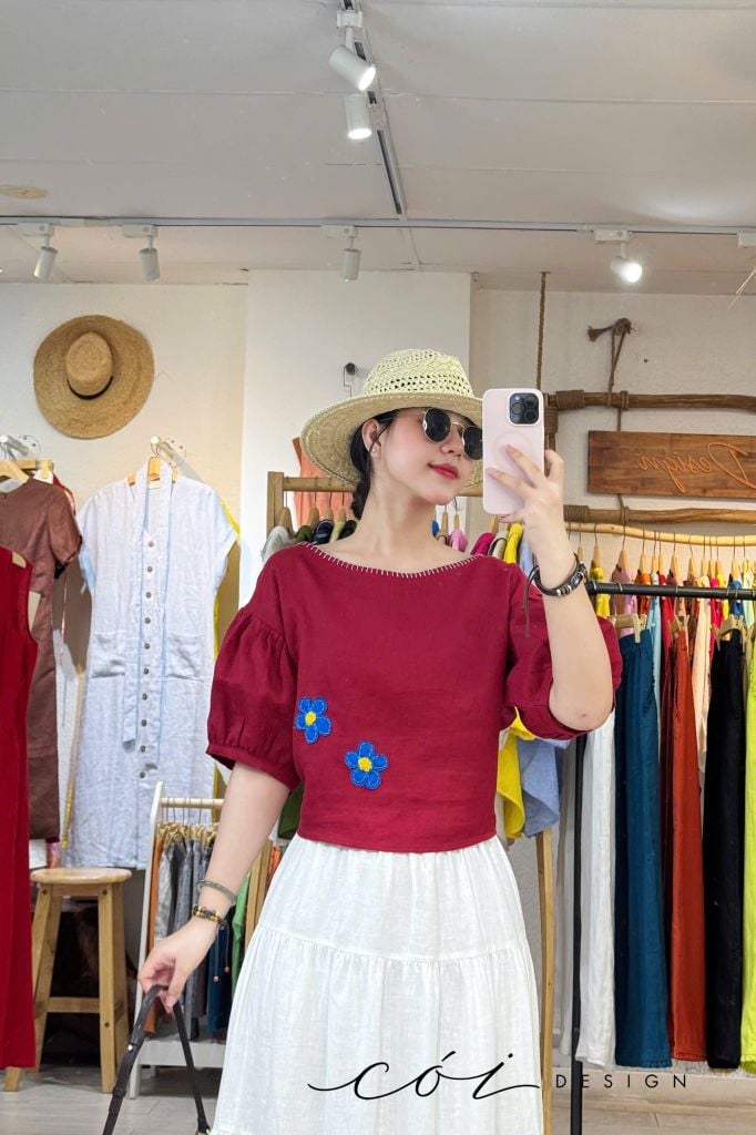 Áo thêu viền cổ phối hoa tua rua handmade linen tưng premium Cói Design