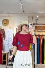 Áo thêu viền cổ phối hoa tua rua handmade linen tưng premium Cói Design