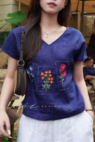 Áo thêu 3 ô linen tưng premium Cói Design