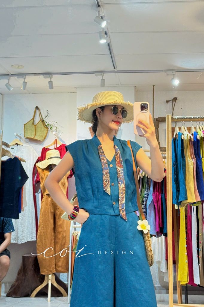 Áo sơ mi phối dây họa tiết linen tưng Cói Design