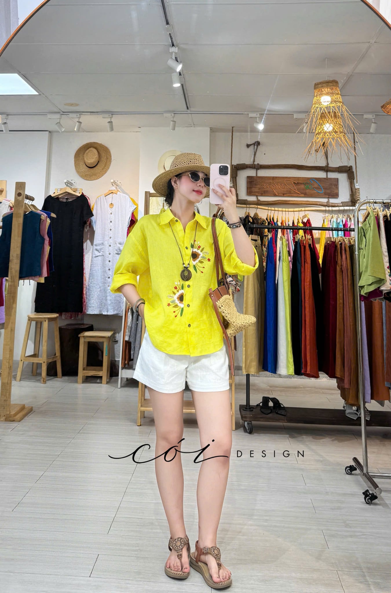 Áo sơ mi thêu hoa Họa mi vàng linen tưng premium Cói Design