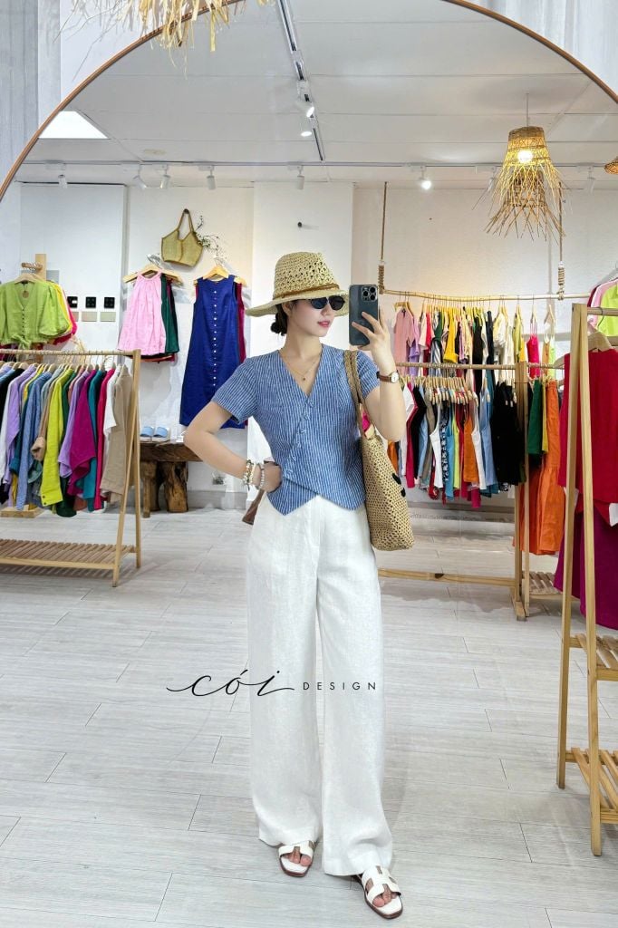 Áo gile xéo nút tay ngắn linen tưng premium Cói Design