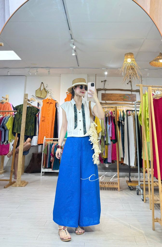 Áo sơ mi phối dây họa tiết linen tưng Cói Design