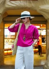 Áo cổ V tay dài nút bọc linen tưng premium Cói Design