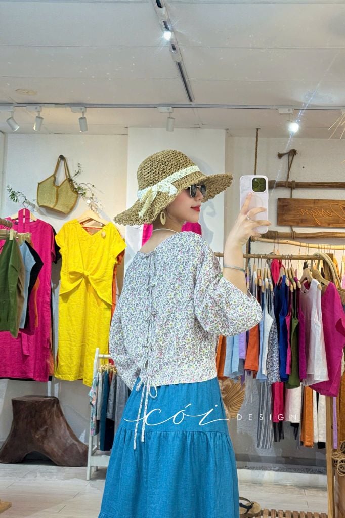 Áo tay phồng phối nơ lưng linen tưng premium Cói Design