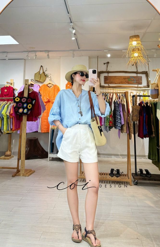 Áo cổ trụ tay nhún form oversize linen tưng premium Cói Design