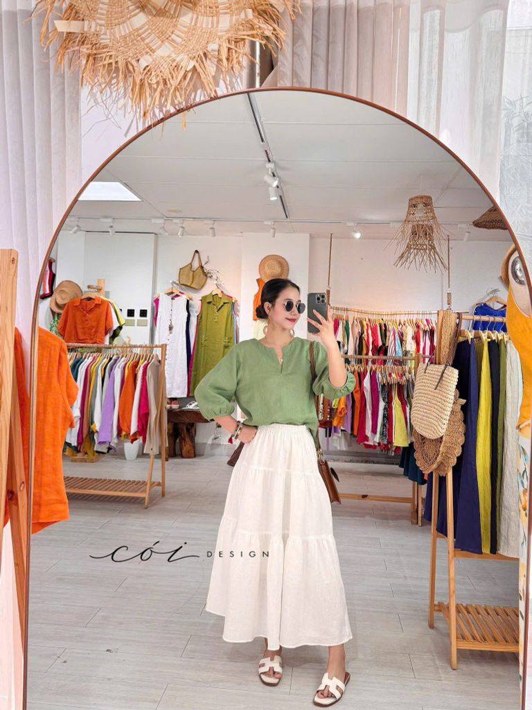 Áo cổ xẻ tròn tay phồng linen tưng premium Cói Design