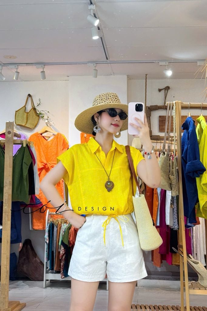 Áo cổ sơ mi phối dây linen tưng premium Cói Design