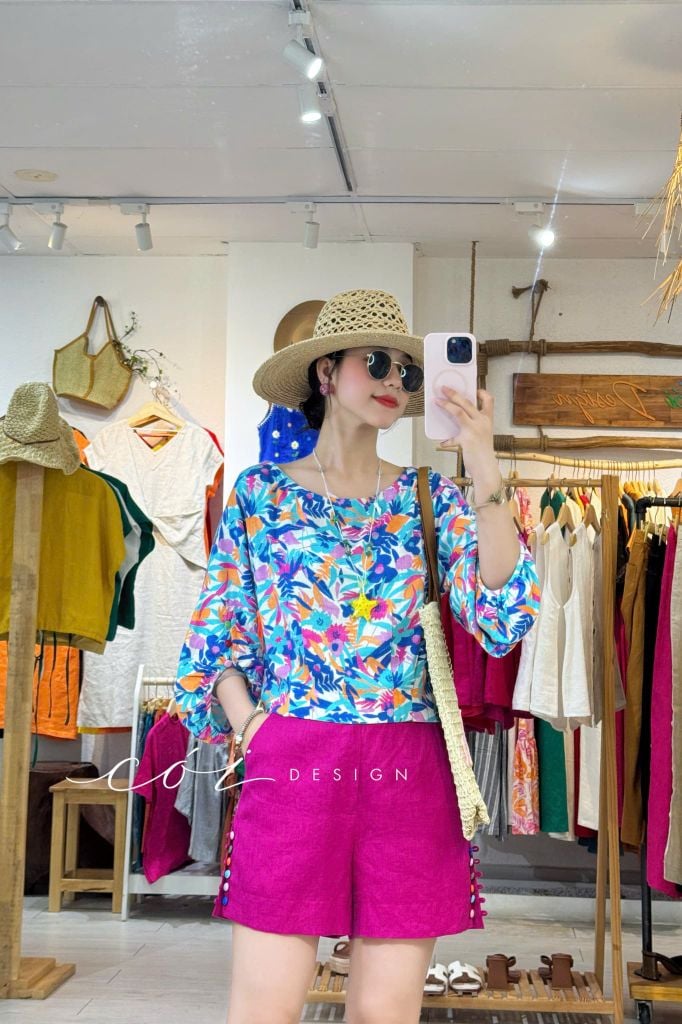 Quần short nút bọc màu linen tưng premium Cói Design