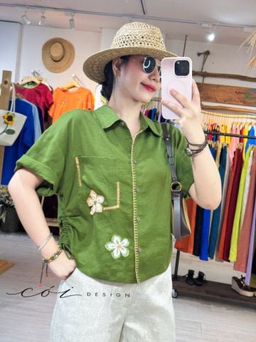 Áo sơ mi rút dây sườn phối hoa handmade linen tưng Cói Design