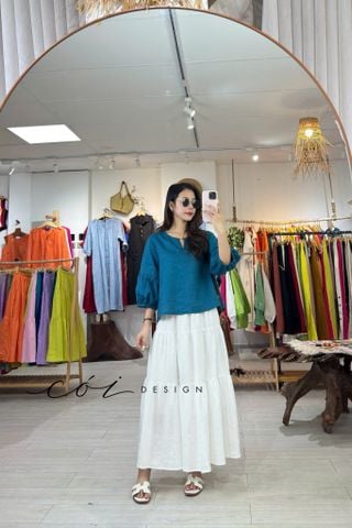 Áo cổ tròn tay nhún lồng đèn linen tưng premium Cói Design